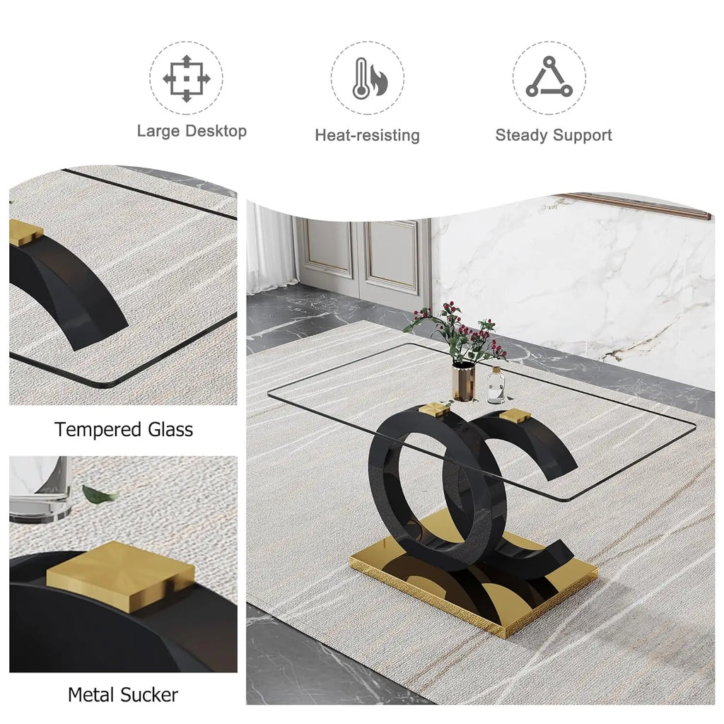 Glass Modern Rectangular Table with Tempered Glass Top and Black/Gold OC Design Base