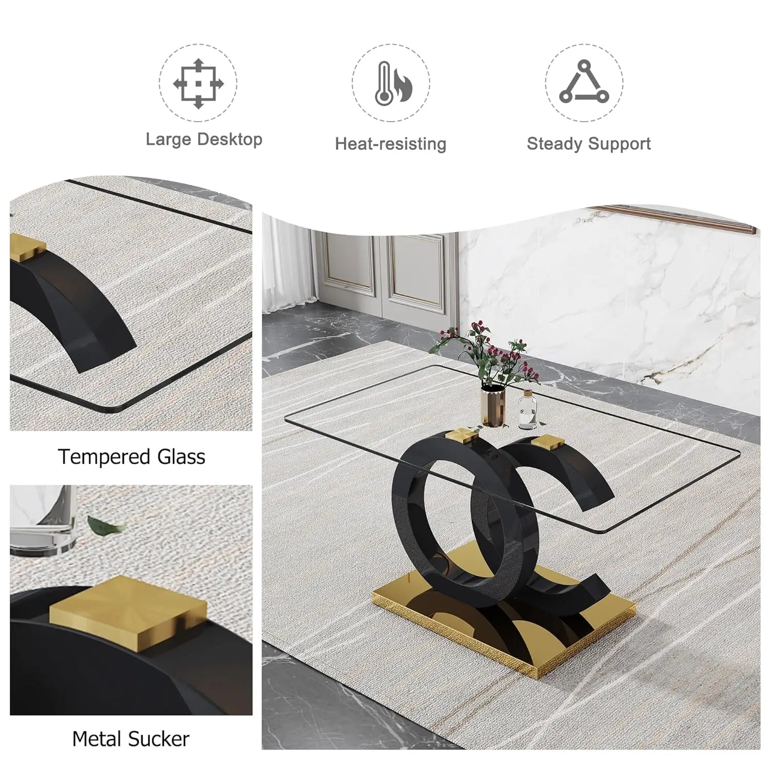 Glass Modern Rectangular Table with Tempered Glass Top and Black/Gold OC Design Base