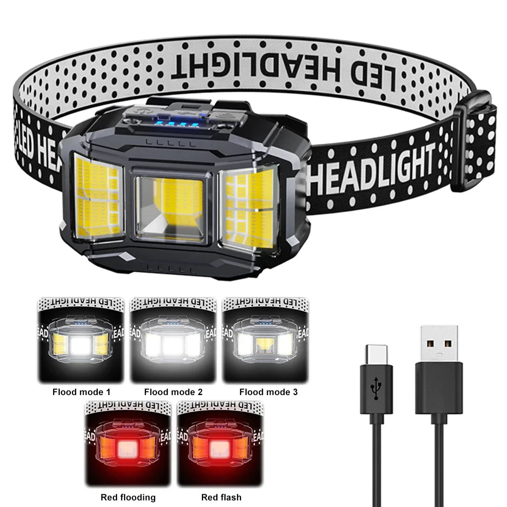 LED USB Charging Head Mounted Flashlight Powerful Headlight Torch for Outdoors