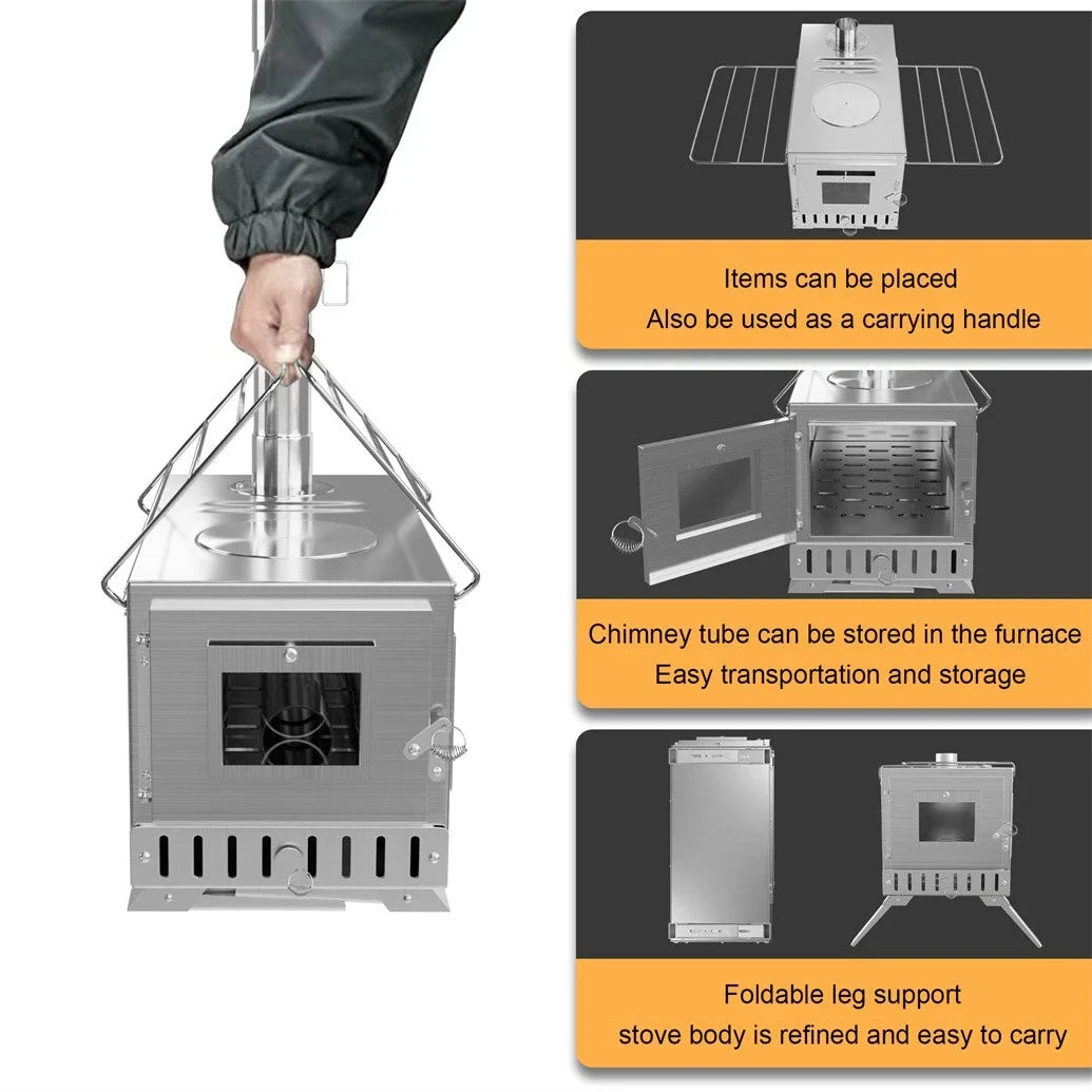 Hot Tent Stove, Portable Wood Stove with 6 Stainless Chimney Pipes for Outdoor Heating & Cooking