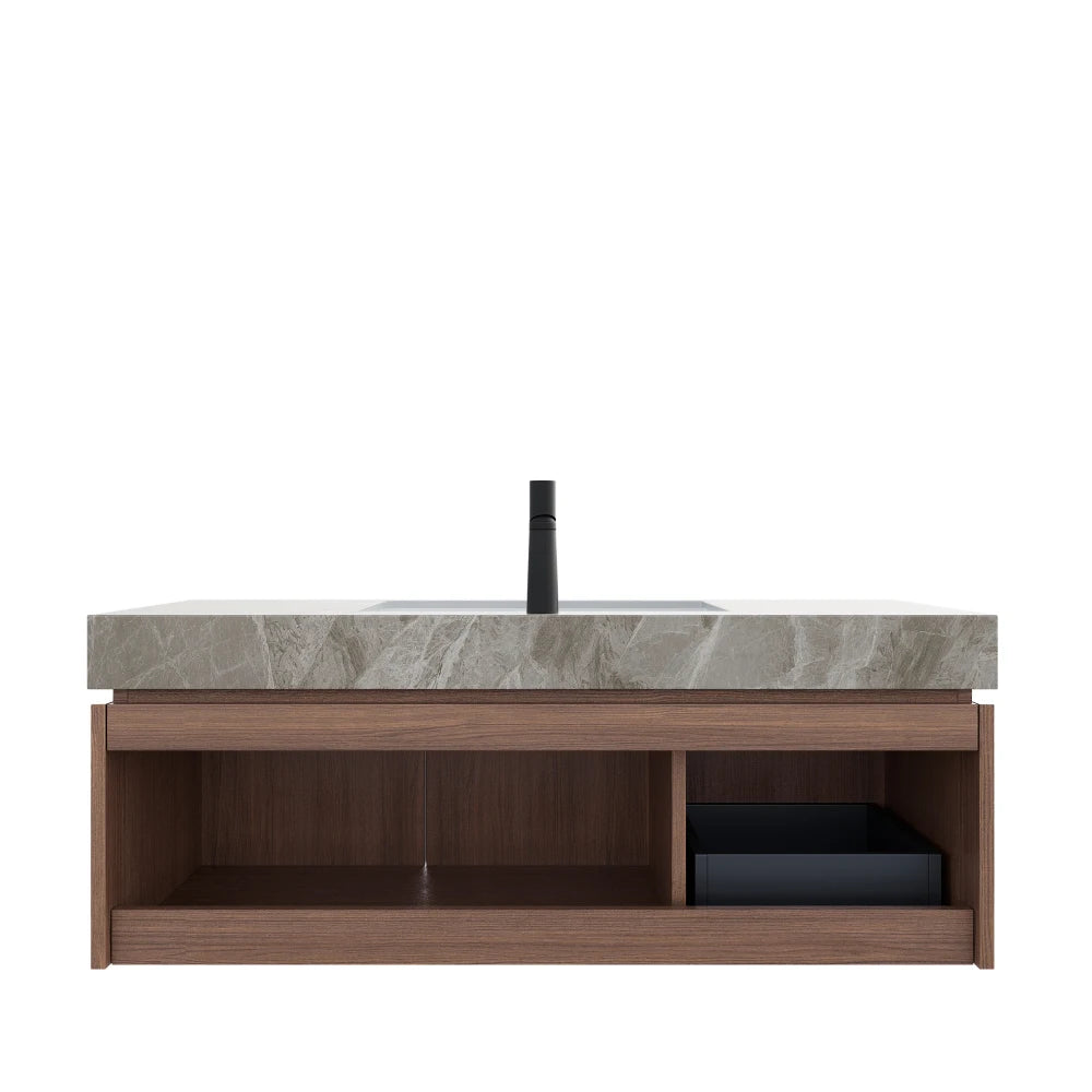 Bathroom Vanity with Sink, Wall-Mounted Plywood Bathroom Storage Cabinet with Drawer and Doors, Light Gray Sintered Stone