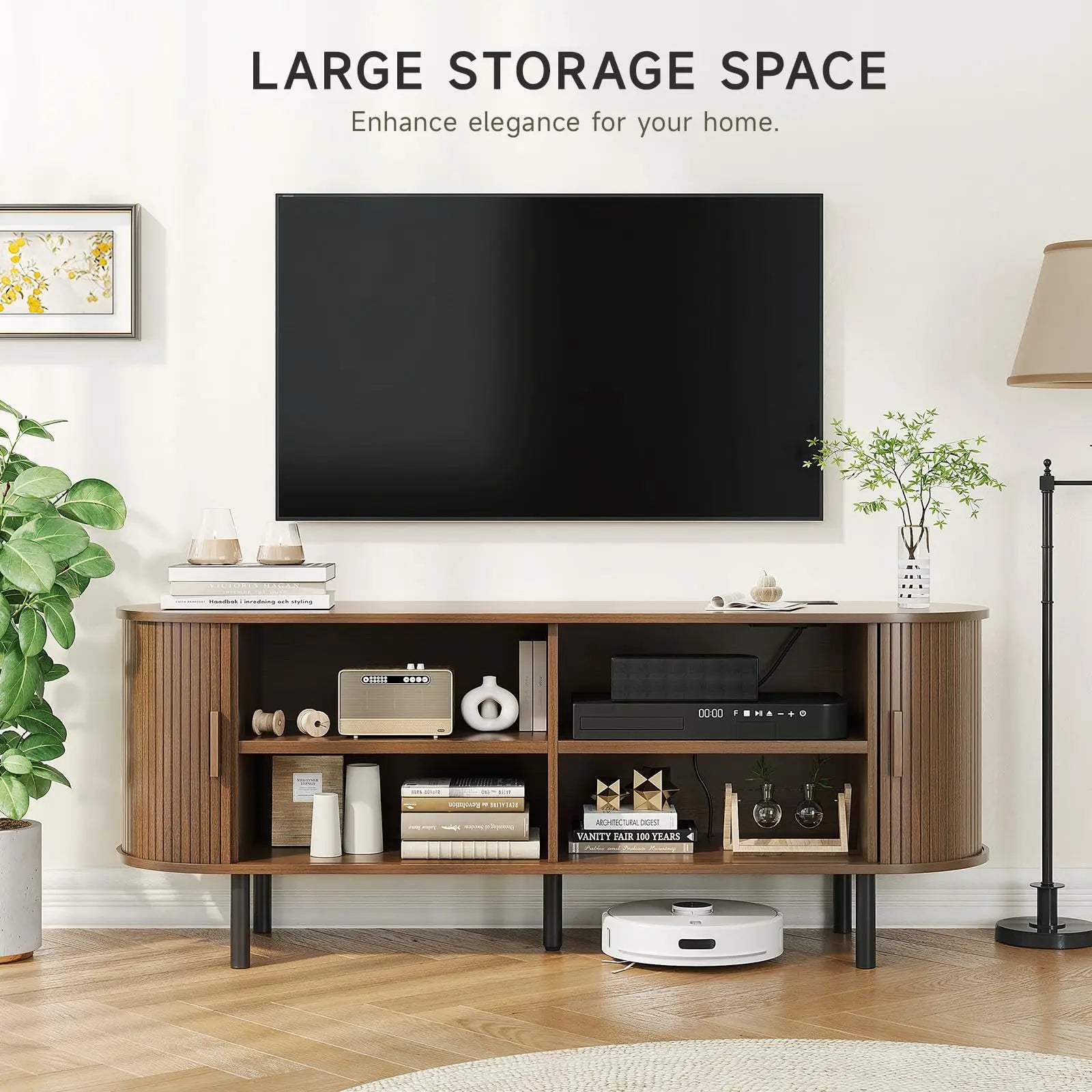 TV Stand Living Room Furniture with Power Outlet for TVs up to 70" with Sliding Doors Storage Adjustable Shelves