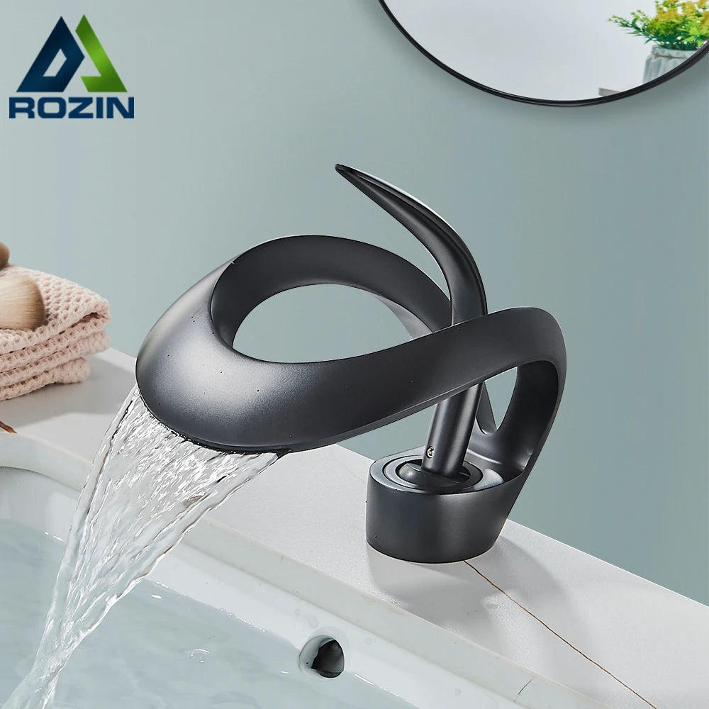Rozin Luxury Black Basin Faucet Waterfall Mixer Tap Brass Deck Mount