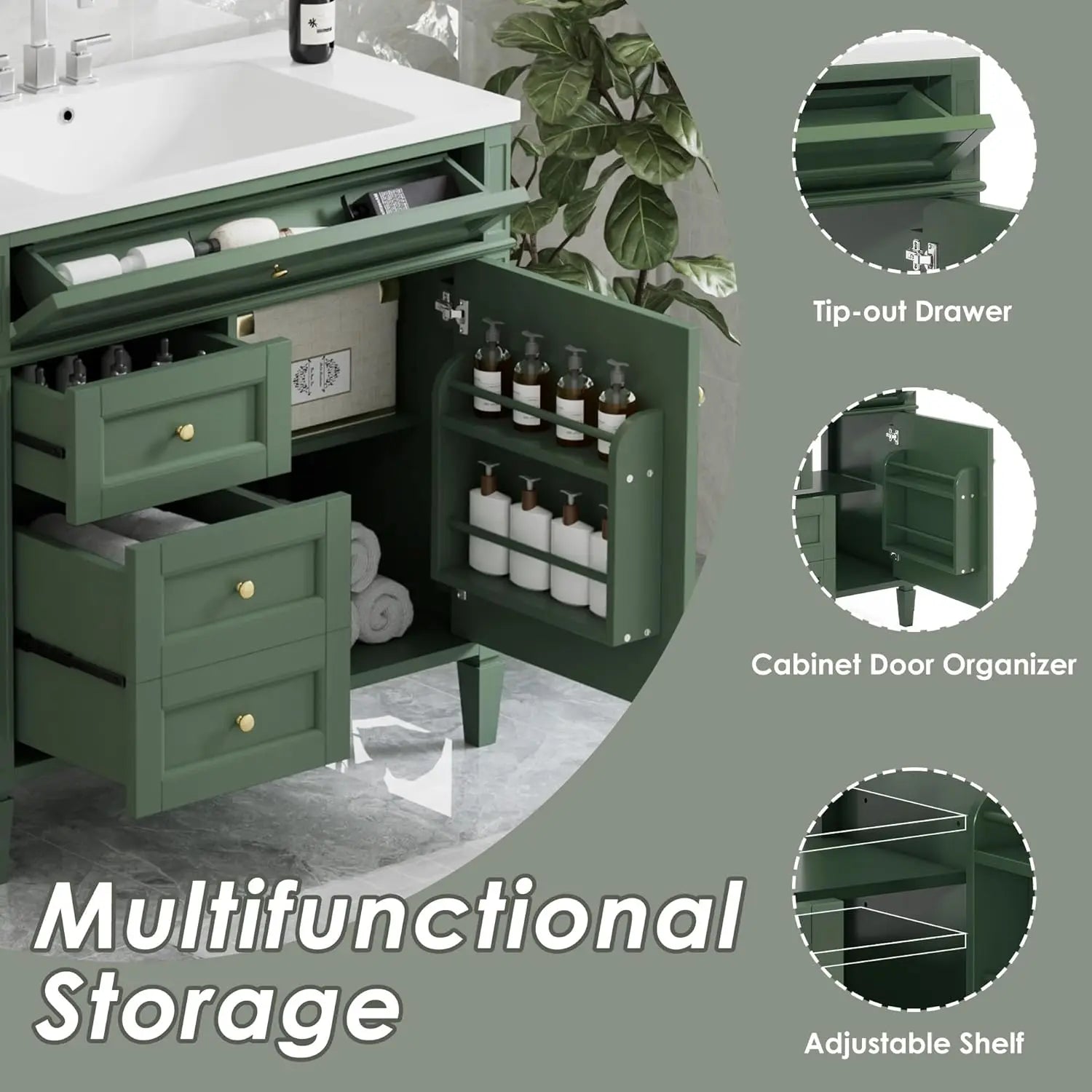Solid Wood Bathroom Vanity with Soft-Close Doors & Tip-Out Drawer Undermount Sink Cabinet Green