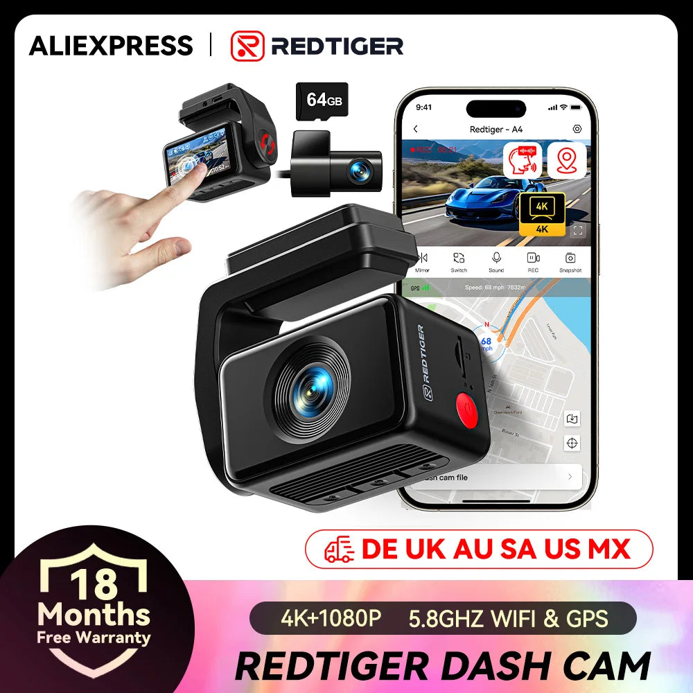 4k Dash Cam Front and Rear Drive Recorder GPS & 5G WiFi Touch Screen Night Vision 24H Parking Mode Voice Control
