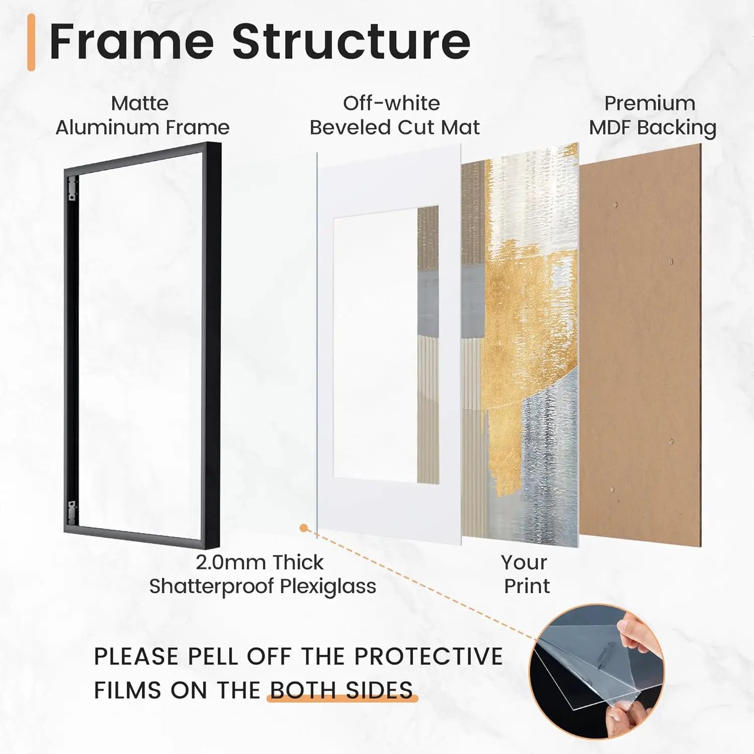 3pcs Picture Frames Aluminum Modern Photo Frame Black With Mat For Wall Art Mounting