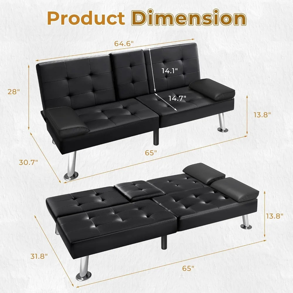 Futon Sofa Bed Modern Faux Leather Couch Bed Convertible Folding Recliner with 2 Cup Holders and Armrest