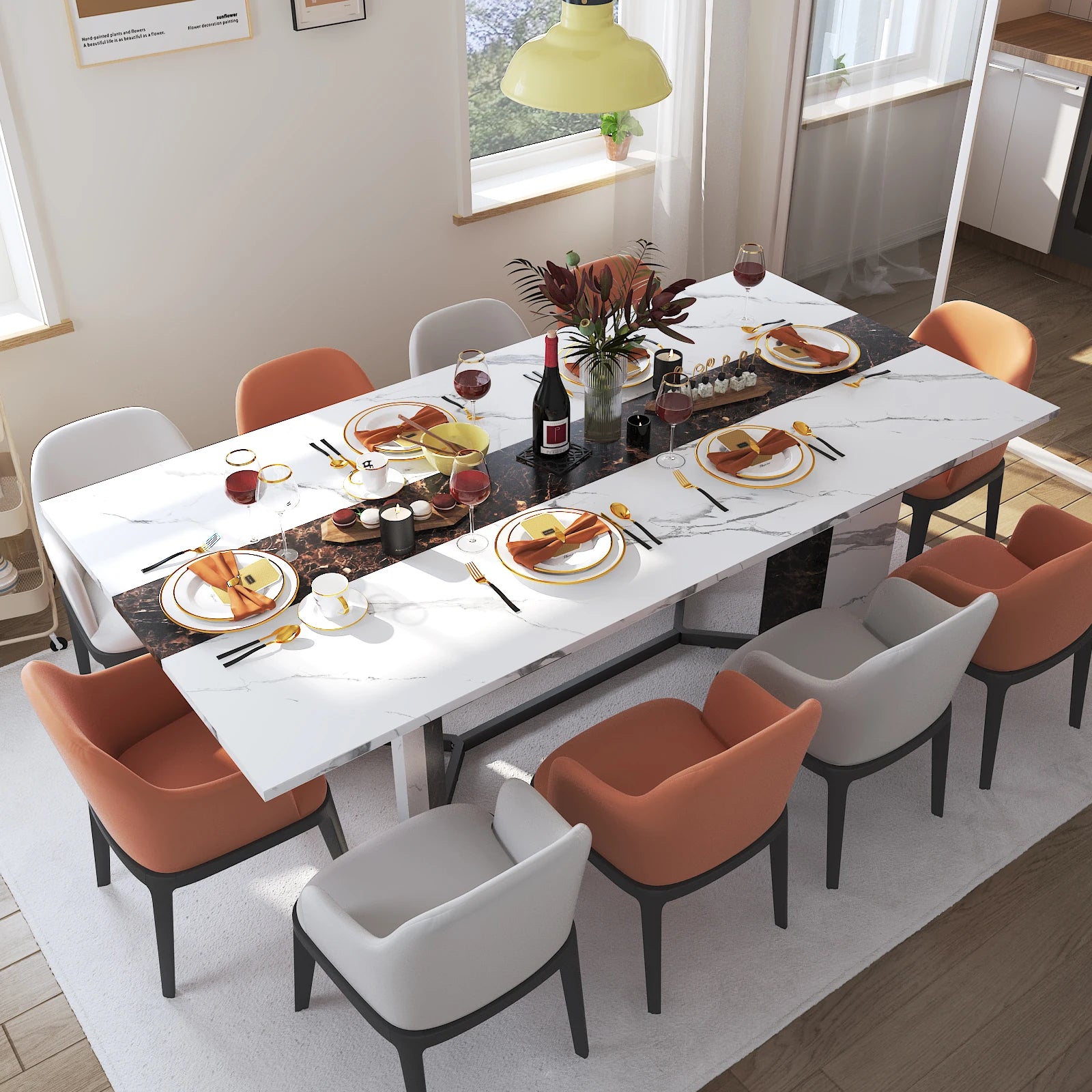 Large Rectangular White Dining Table for up to 10 People w/Marble Color, Wood Tabletop, Metal Leg