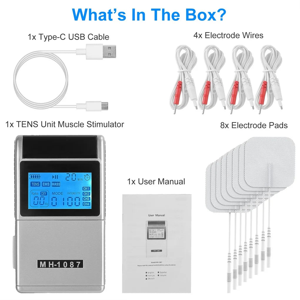 4-Channel Rechargeable TENS Unit with 8 Pads, 48 Modes & 4 Programs for Pain Relief, Muscle Training & Relaxation – Portable