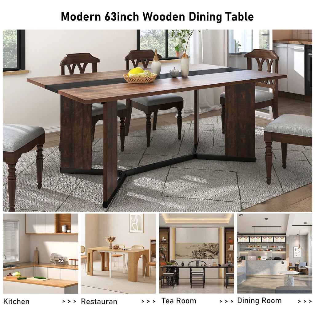 Large Rectangular White Dining Table for up to 10 People w/Marble Color, Wood Tabletop, Metal Leg
