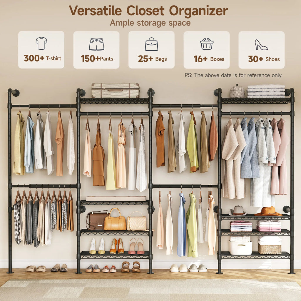 Wall Mounted Industrial Pipe Clothes Rack, Closet Organizer System with Expandable Rods