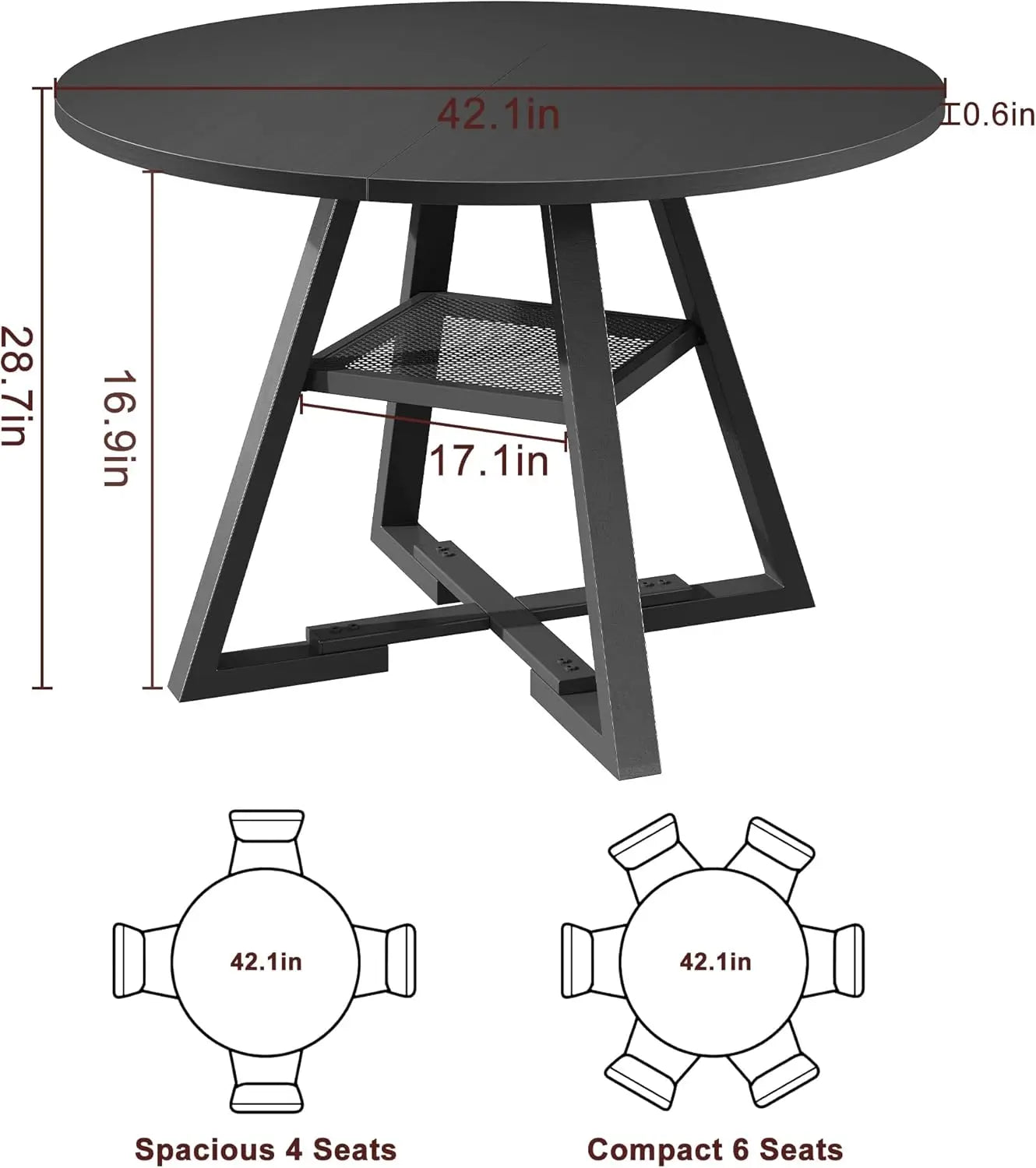 42-Inch Round Dining Wood Table with Storage Shelf, Black