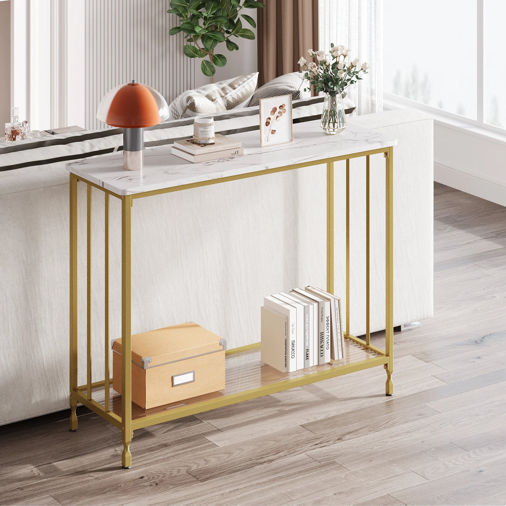 Console Table Narrow Entryway Table with Glass Shelf Metal Frame 33.5” Behind Couch Table