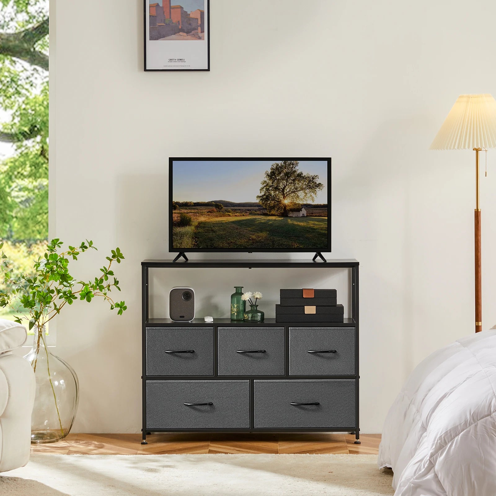 Fireplace TV Stand Dresser With 5 Fabric Drawers Storage Chest