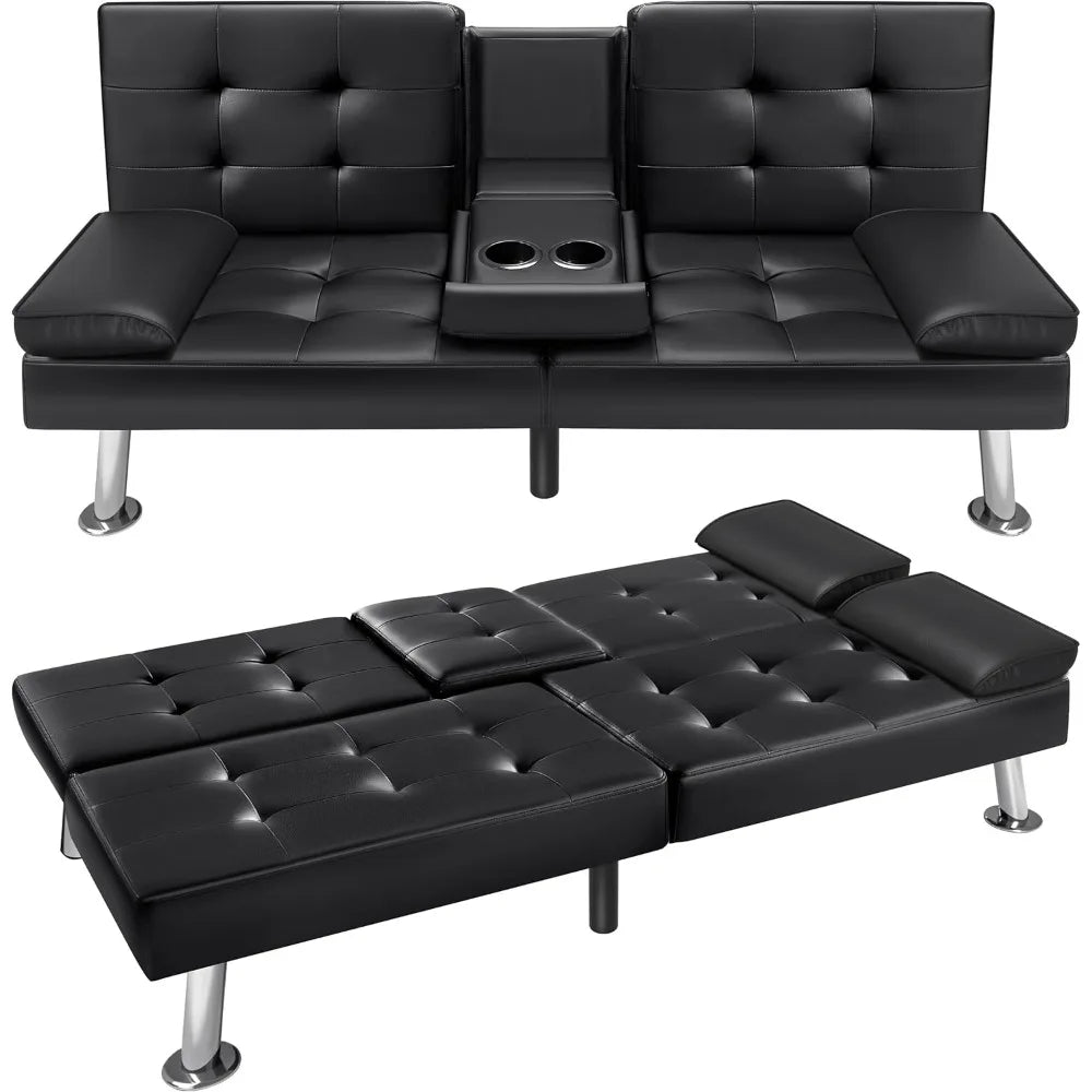 Futon Sofa Bed Modern Faux Leather Couch Bed Convertible Folding Recliner with 2 Cup Holders and Armrest