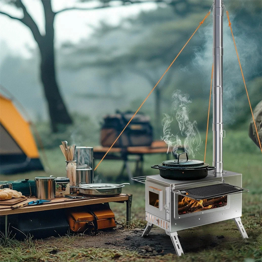 Hot Tent Stove, Portable Wood Stove with 6 Stainless Chimney Pipes for Outdoor Heating & Cooking