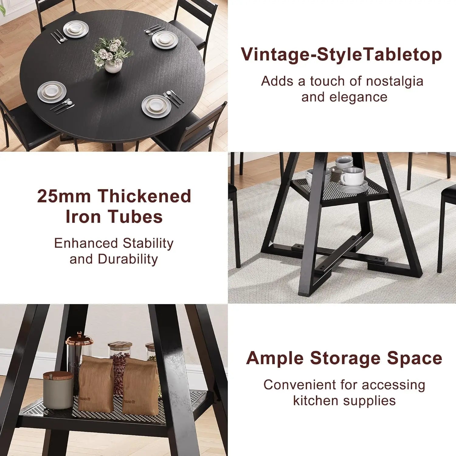 42-Inch Round Dining Wood Table with Storage Shelf, Black