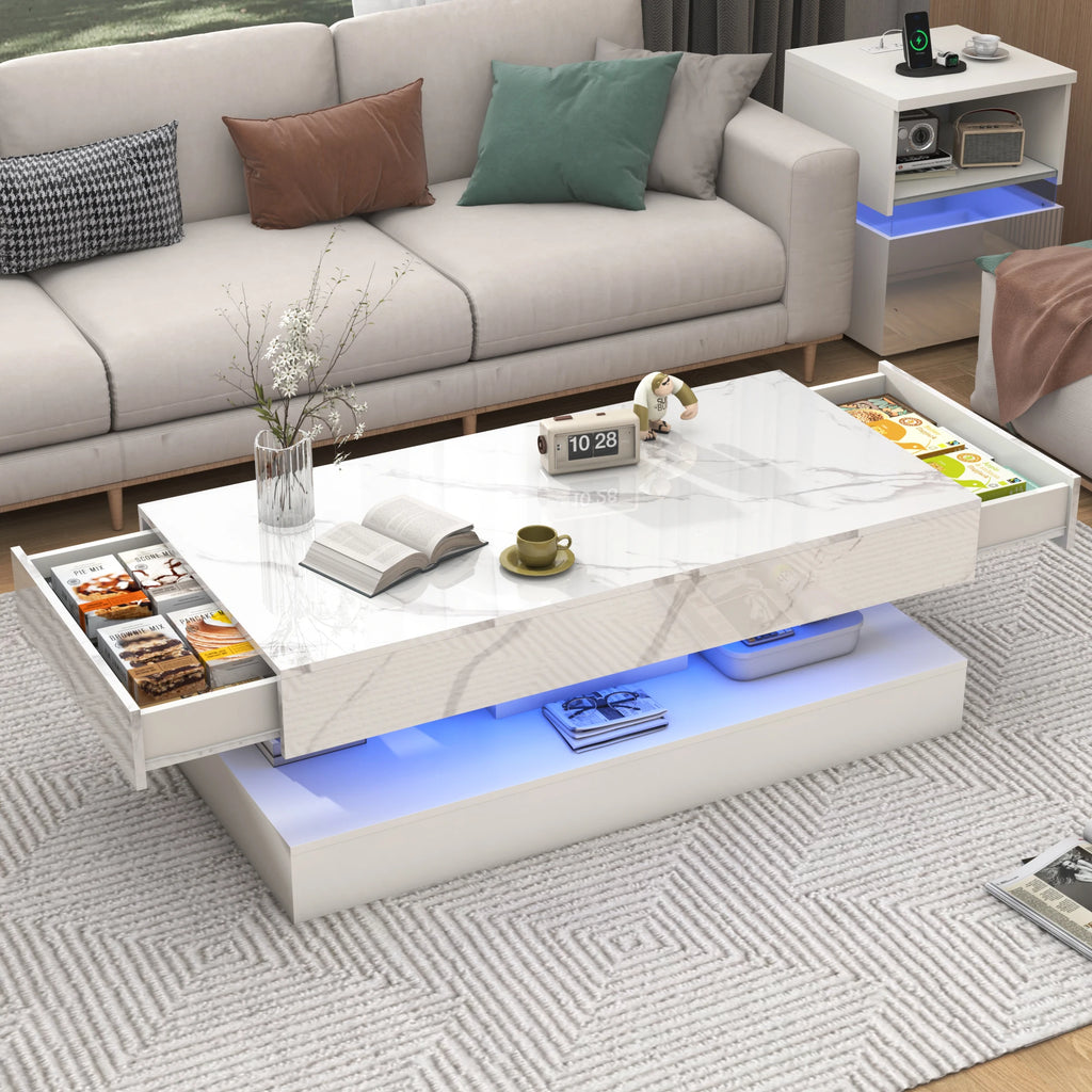 Modern Stylish Coffee Table with LED lights, Double-Layer Design with 2 Storage Drawers