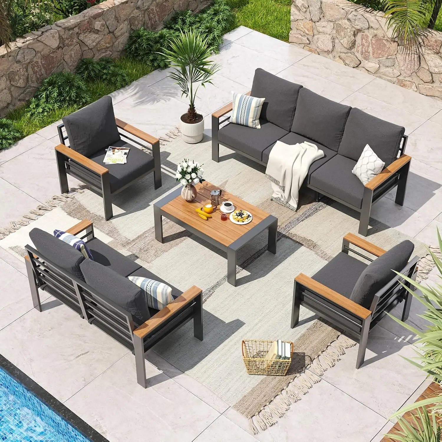 Aluminum Patio Furniture Set 7 Seats with Washable Thick Cushions