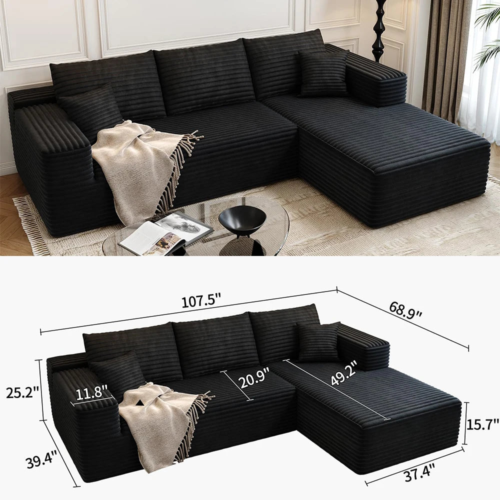 Cloud-style sectional sofa, with corduroy cover, fluffy memory foam cushions, easily assembled, modular recliner