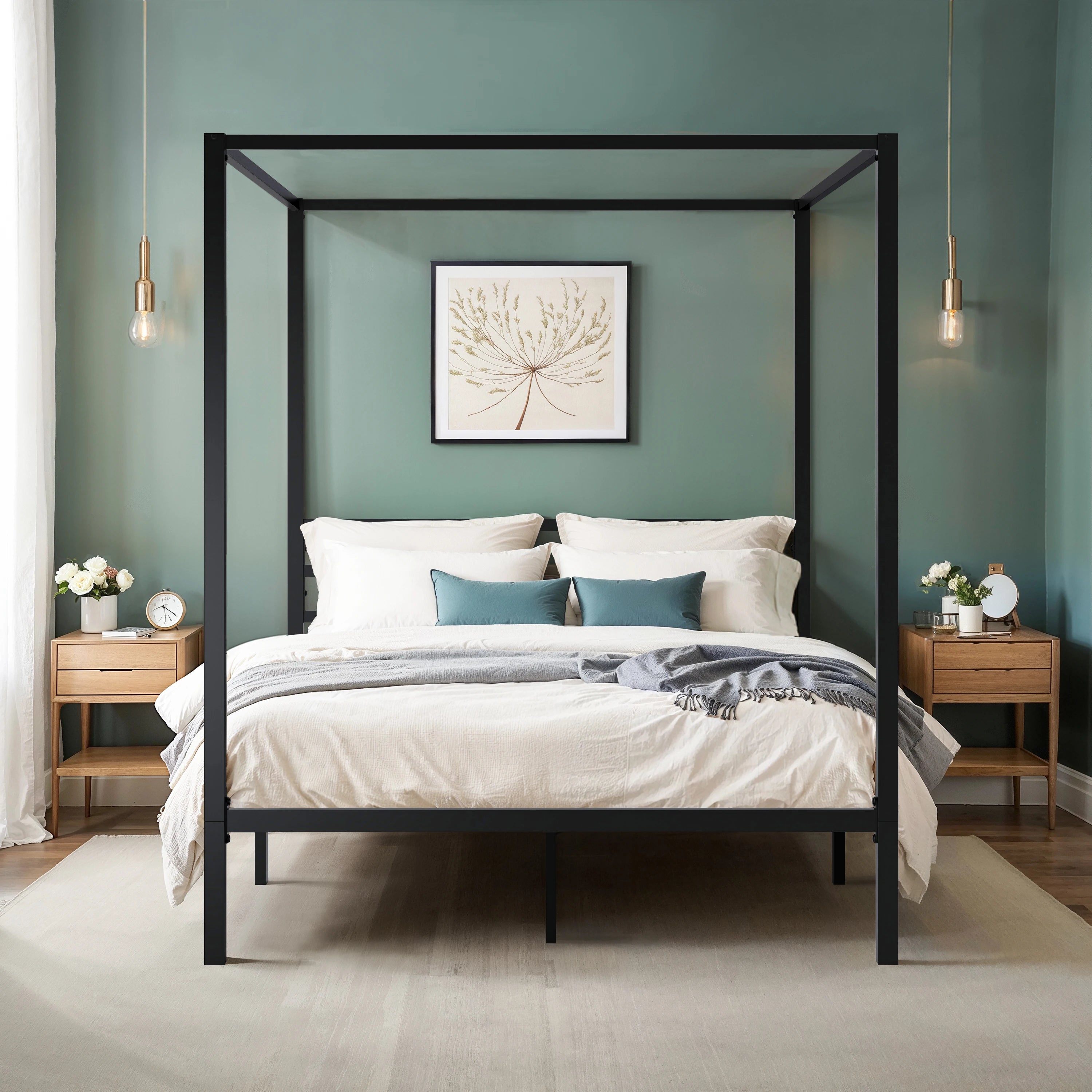 Canopy Bed Frame, 3-Metal Crossbar, No Box Spring Needed, Easy Assembly