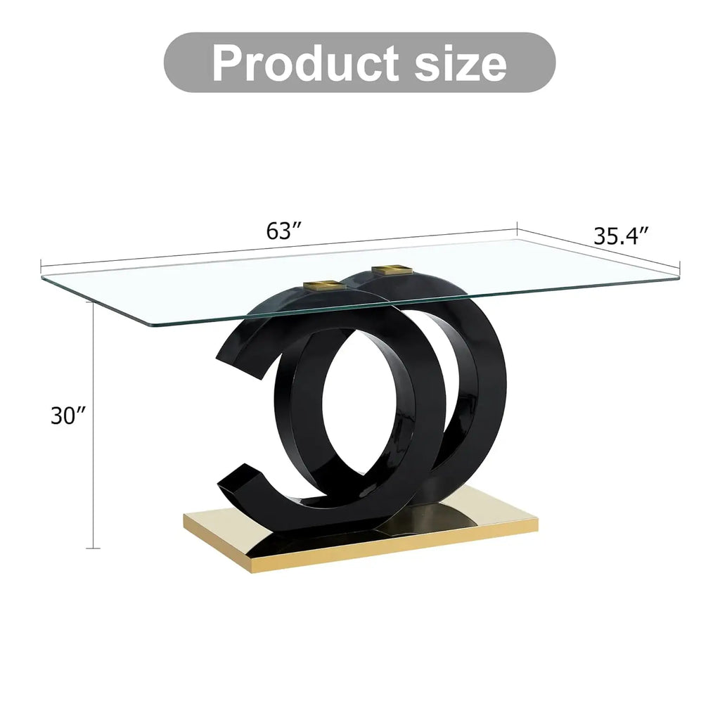 Glass Modern Rectangular Table with Tempered Glass Top and Black/Gold OC Design Base