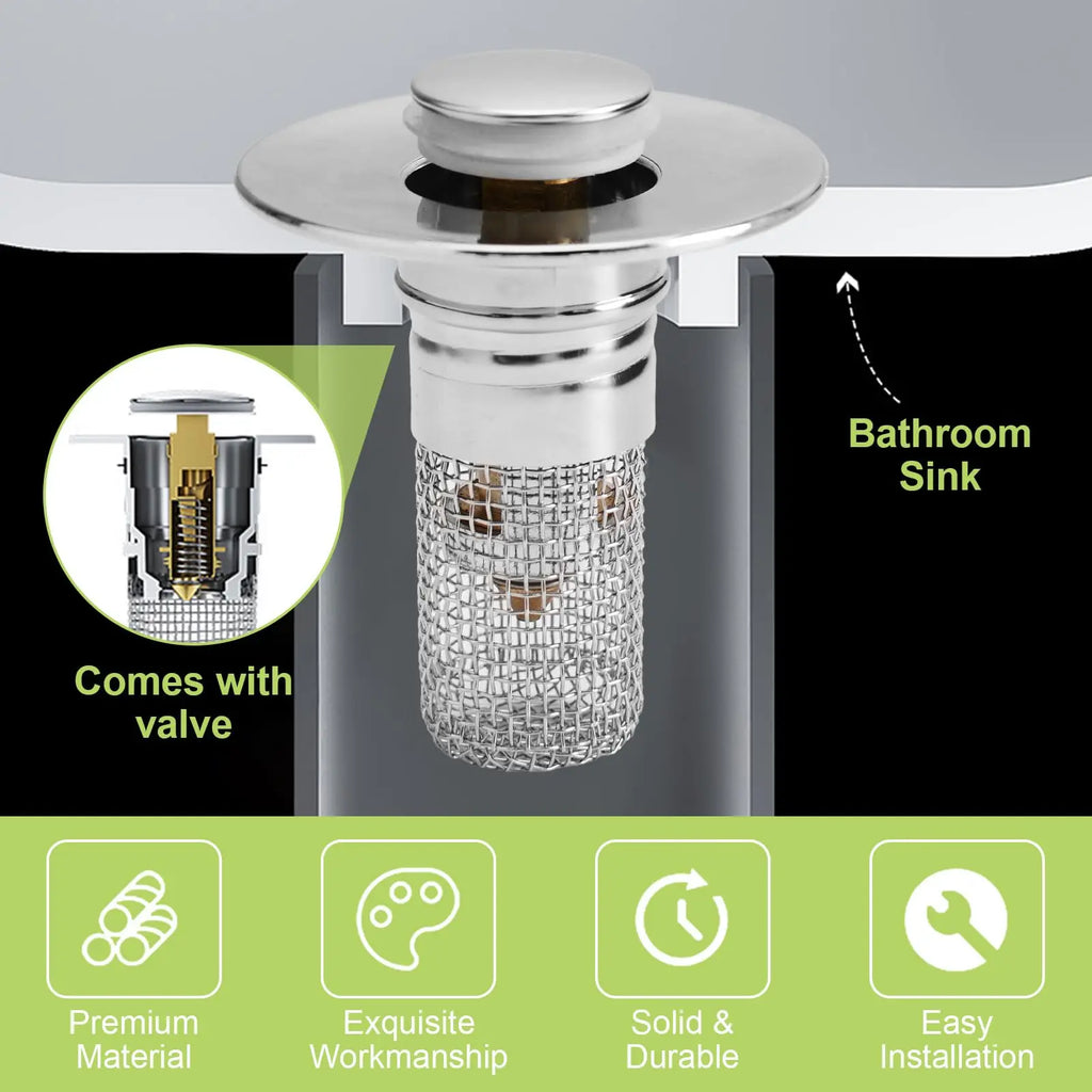 Bathroom Sink Stopper Hair Catcher with Universal Pop Up Drain Filter and Stainless Steel Basket