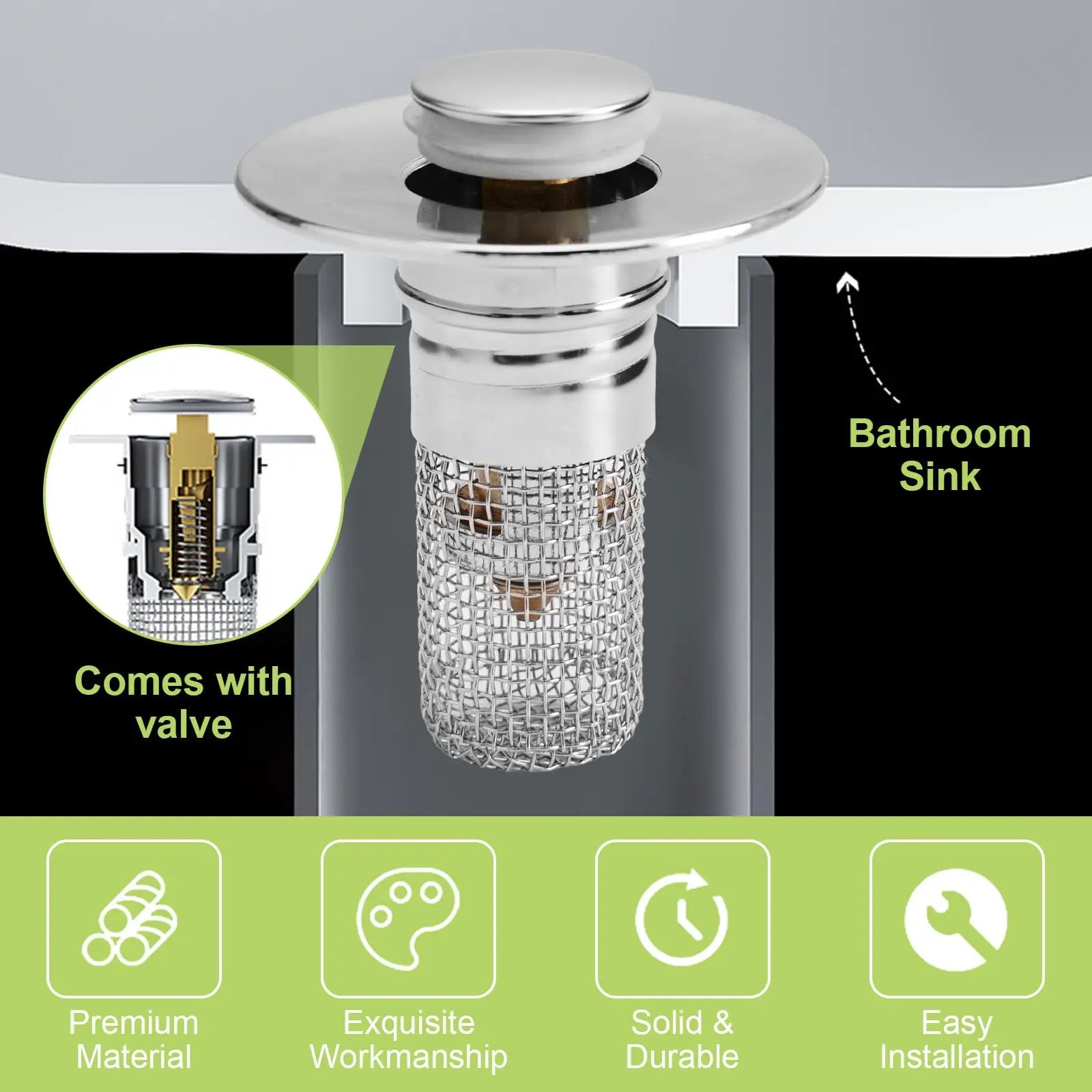 Bathroom Sink Stopper Hair Catcher with Universal Pop Up Drain Filter and Stainless Steel Basket