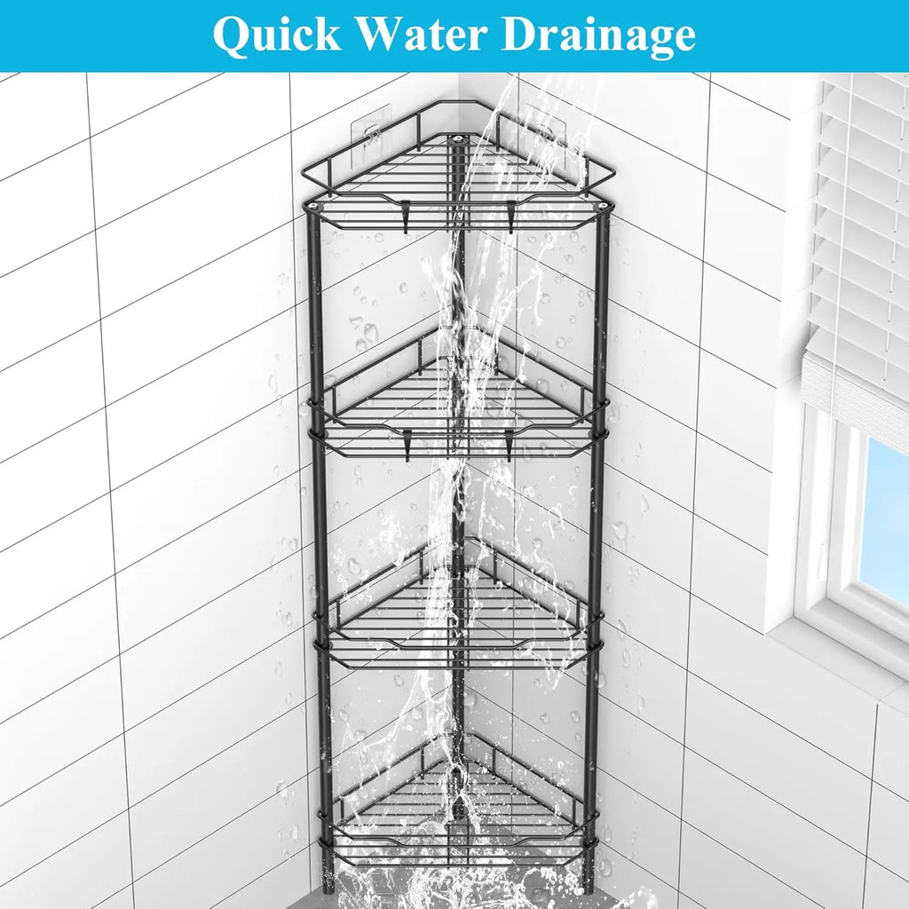 4-Tier Corner Shower Caddy with Hooks, Black Bathroom Shelf Organizer Stand Rack
