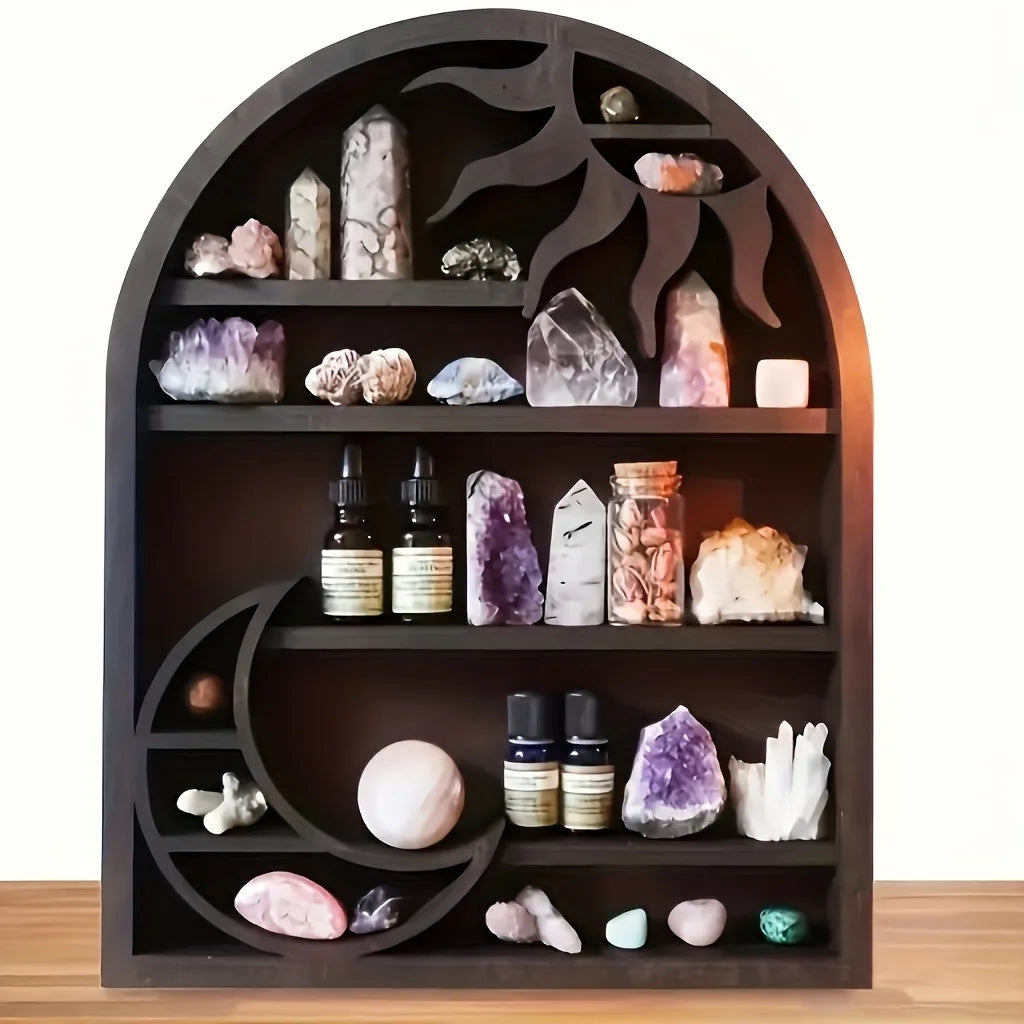 Vintage Wooden Floating Shelves With Sun And Moon Design, Wall Hanging Storage For Crystals