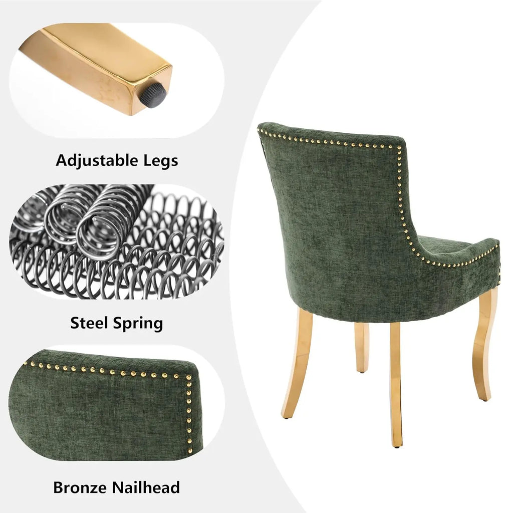 Upholstered Dining Chairs Set of 2 Neutral Chenille Trim Padded Olive Green Gold, Customized