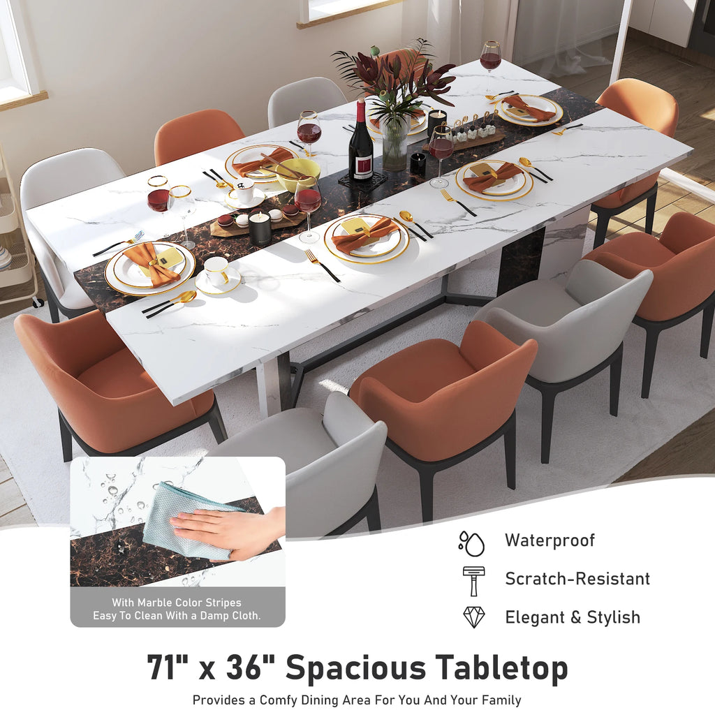 Large Rectangular White Dining Table for up to 10 People w/Marble Color, Wood Tabletop, Metal Leg