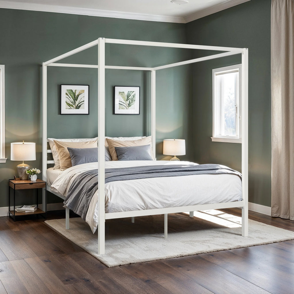 Canopy Bed Frame, 3-Metal Crossbar, No Box Spring Needed, Easy Assembly