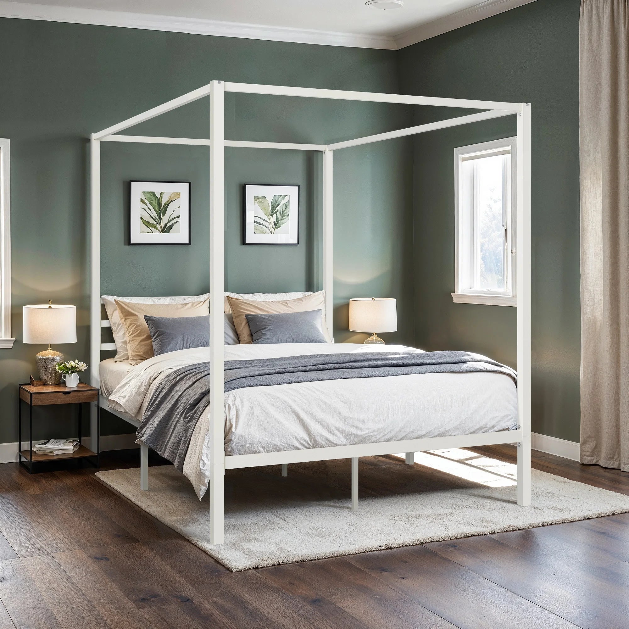 Canopy Bed Frame, 3-Metal Crossbar, No Box Spring Needed, Easy Assembly