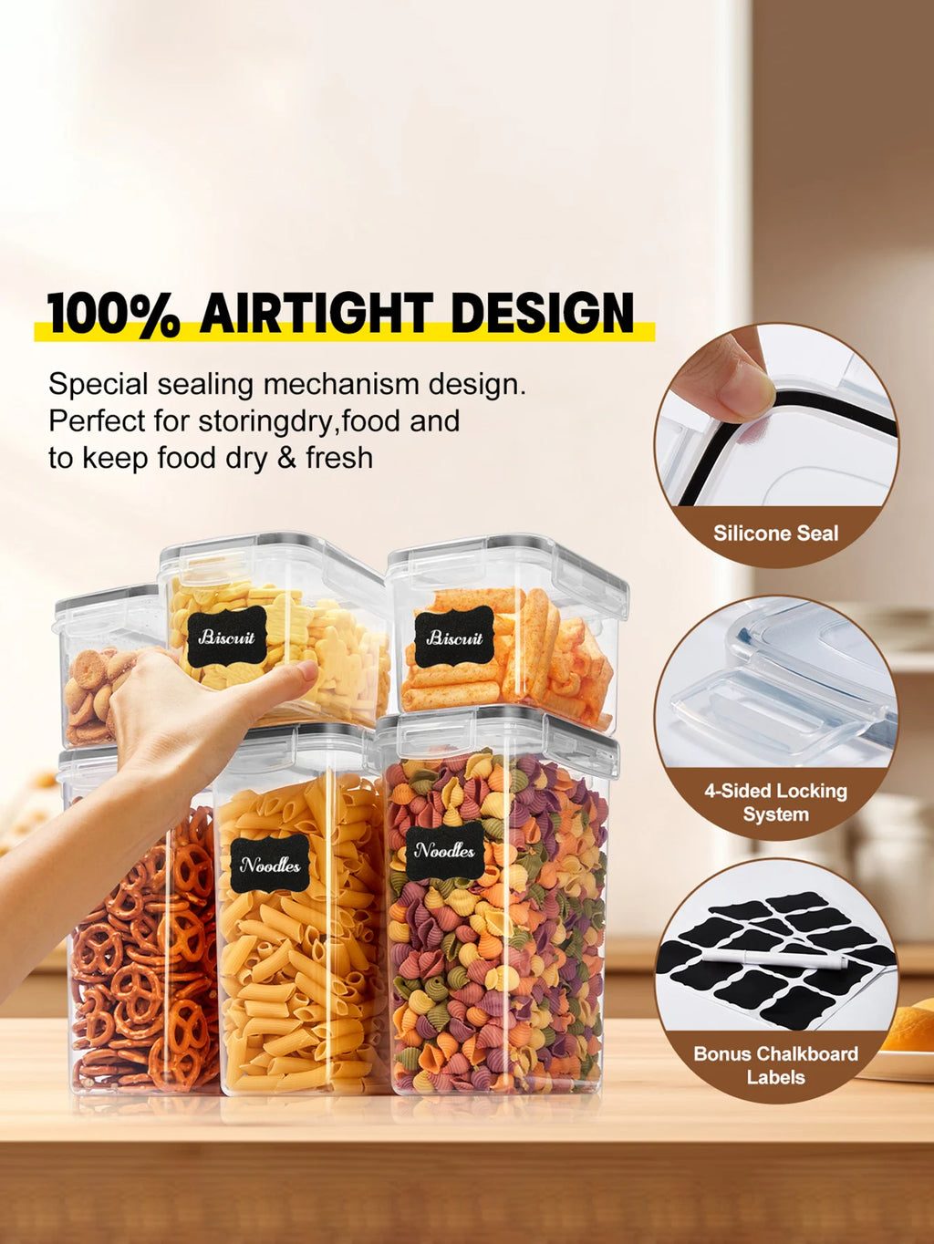 Sealed food storage containers with LIDS - lunch boxes ideal for organizing and storing grains, rice, pasta, tea, nuts