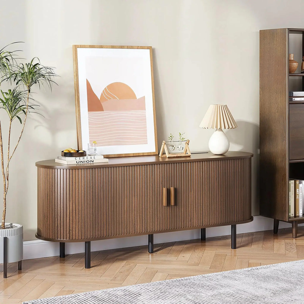 TV Stand Living Room Furniture with Power Outlet for TVs up to 70" with Sliding Doors Storage Adjustable Shelves