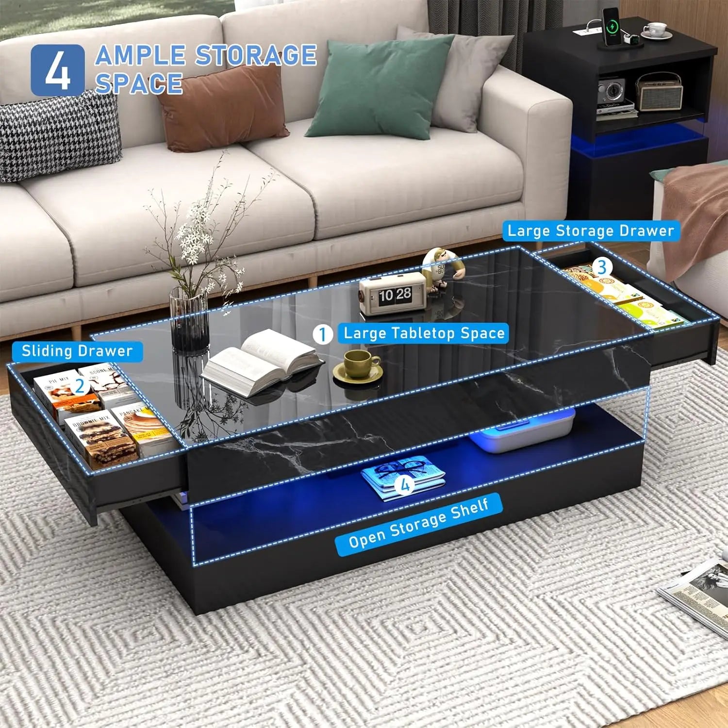 Modern Stylish Coffee Table with LED lights, Double-Layer Design with 2 Storage Drawers