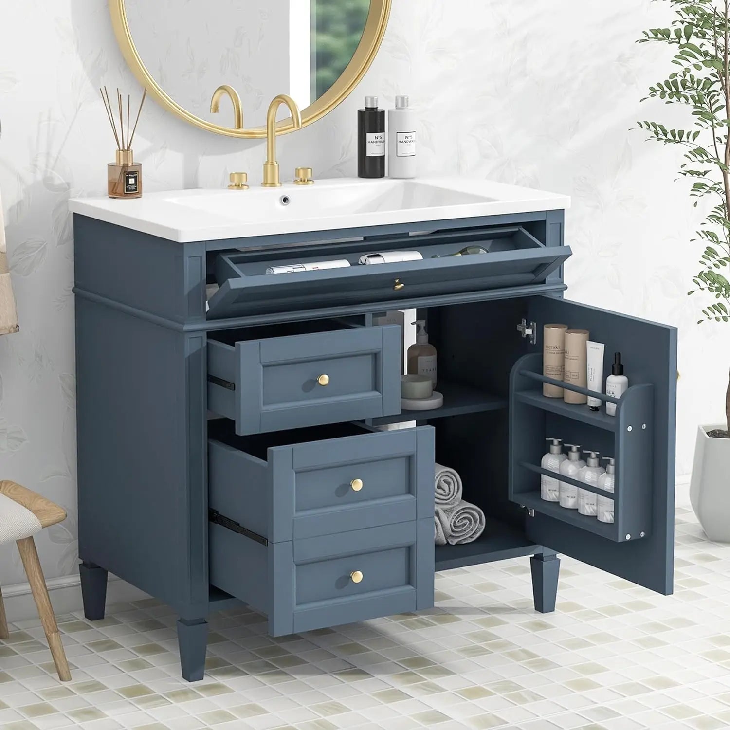 Solid Wood Bathroom Vanity with Soft-Close Doors & Tip-Out Drawer Undermount Sink Cabinet Green